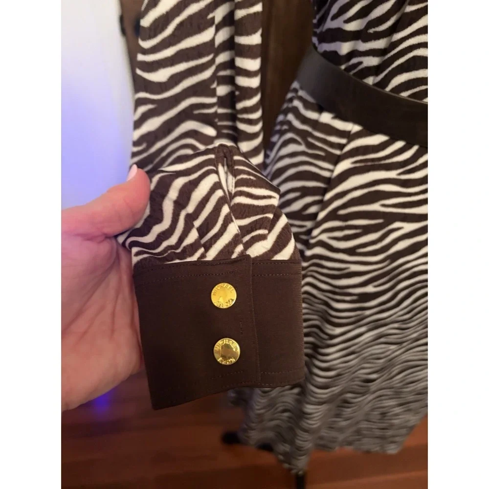 MICHAEL Michael Kors Zebra Dress P/M Brown Gold Studded Belted Zip Midi Feminine